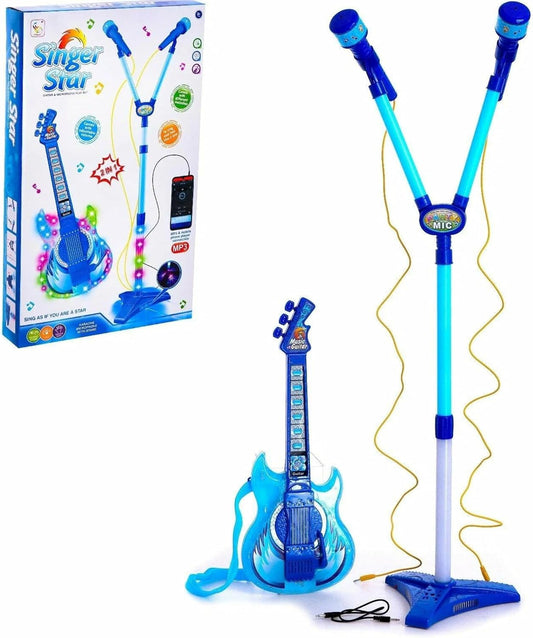 Kids Musical Dual Microphone & Guitar with Stand Music Player Singing Toy - Blue
