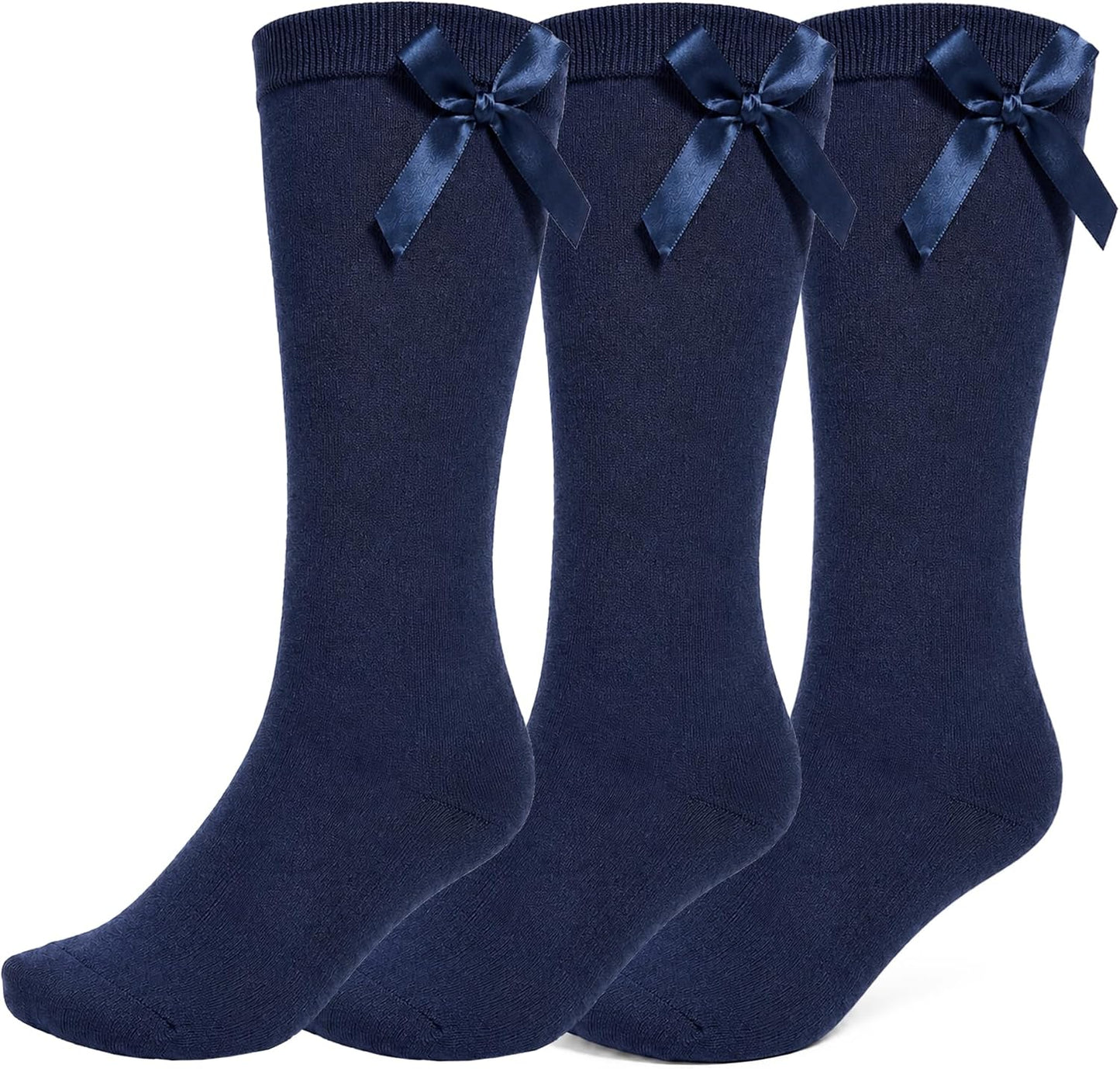 3 Pairs of Girls Knee High Socks with Satin Bow - 4 Colours Available - UK 4-6