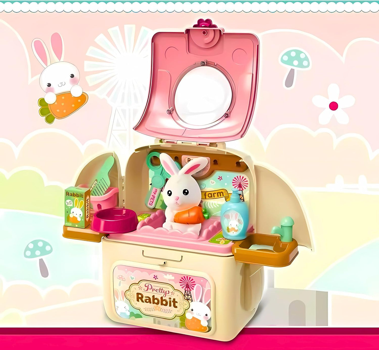 Cute Bunny Rabbit Pet Set Backpack & Toy Playset