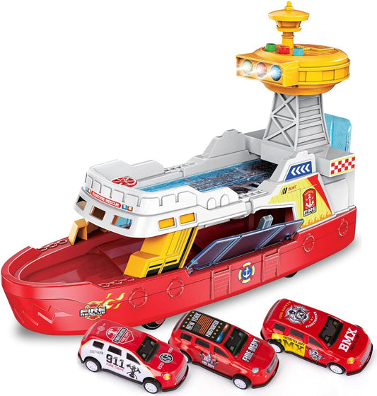 Coast Guard Fire Rescue Boat With Lights & Sound Light Up Boat Toy with 3 Toy Cars