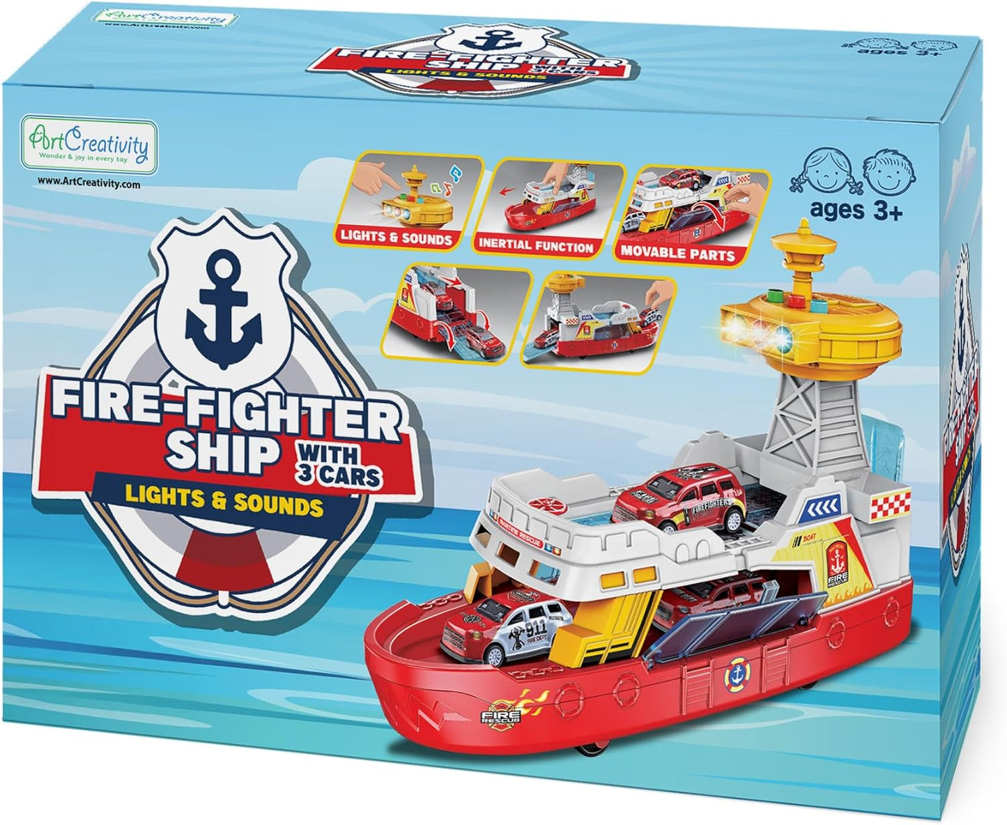 Coast Guard Fire Rescue Boat With Lights & Sound Light Up Boat Toy with 3 Toy Cars