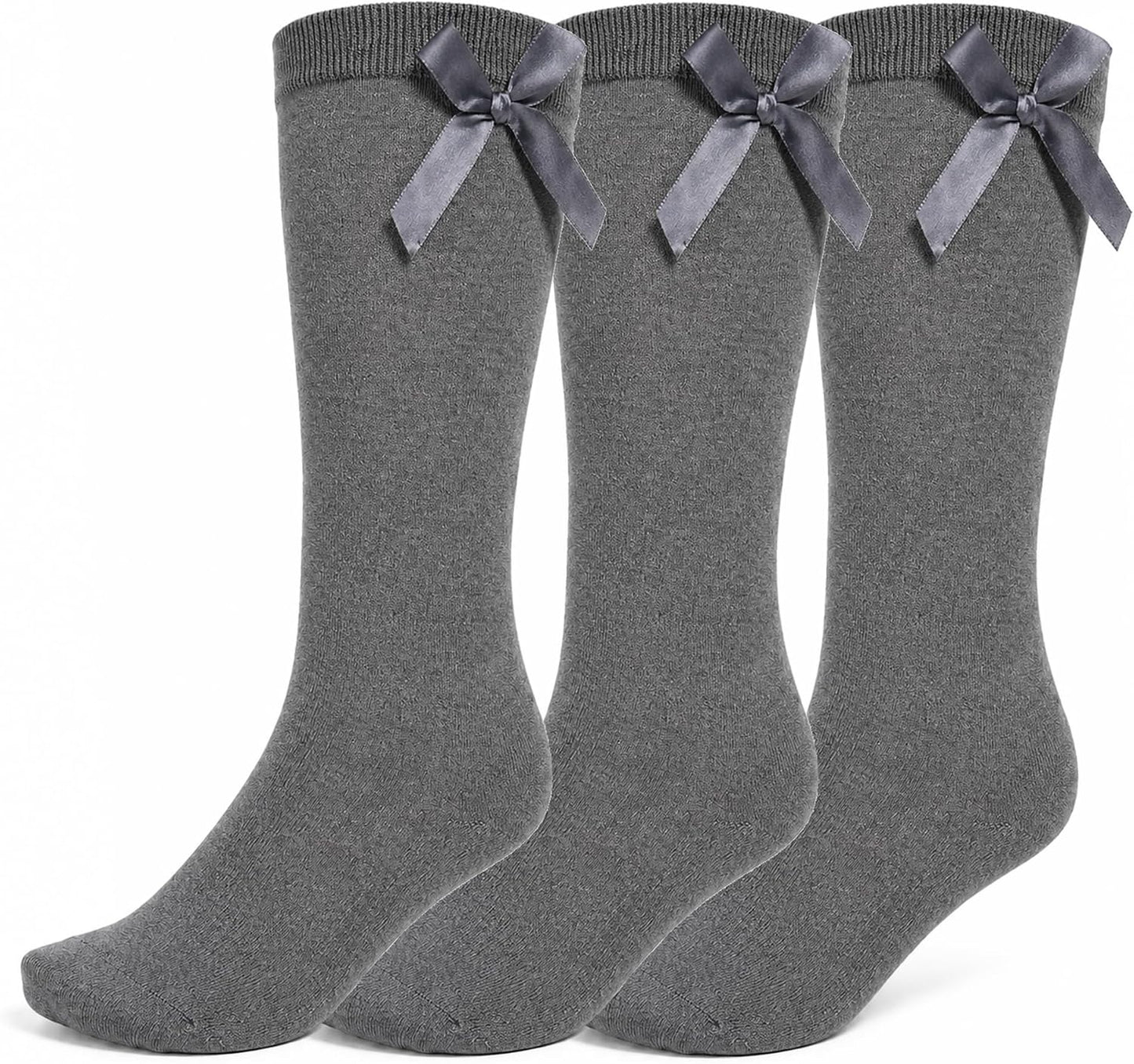 3 Pairs of Girls Knee High Socks with Satin Bow - 4 Colours Available - UK 4-6