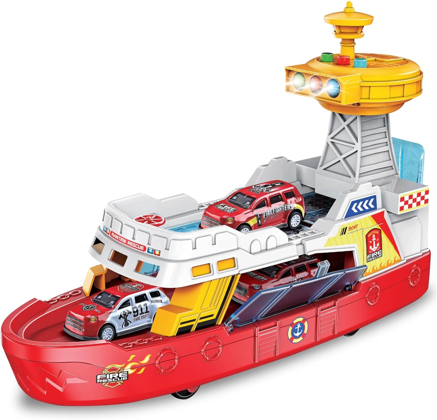 Coast Guard Fire Rescue Boat With Lights & Sound Light Up Boat Toy with 3 Toy Cars