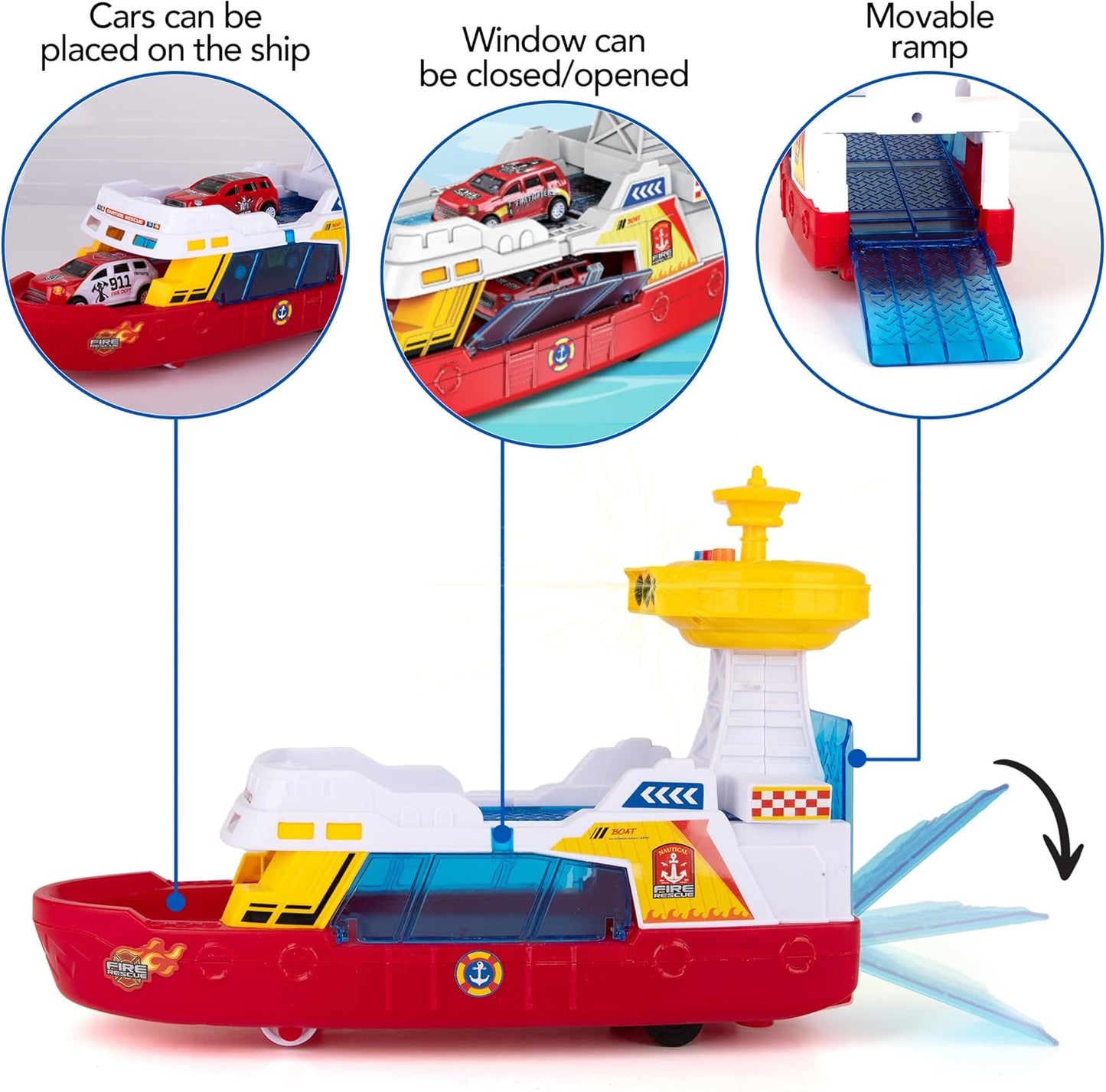 Coast Guard Fire Rescue Boat With Lights & Sound Light Up Boat Toy with 3 Toy Cars