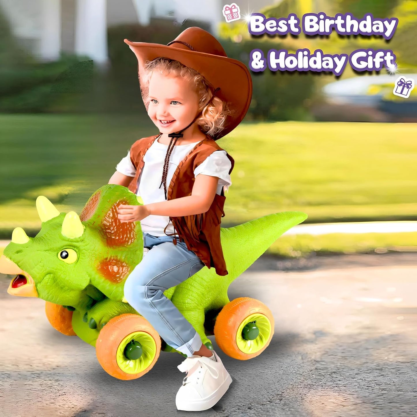 Triceratops Ride On Kids Toy With Wheels Push Along