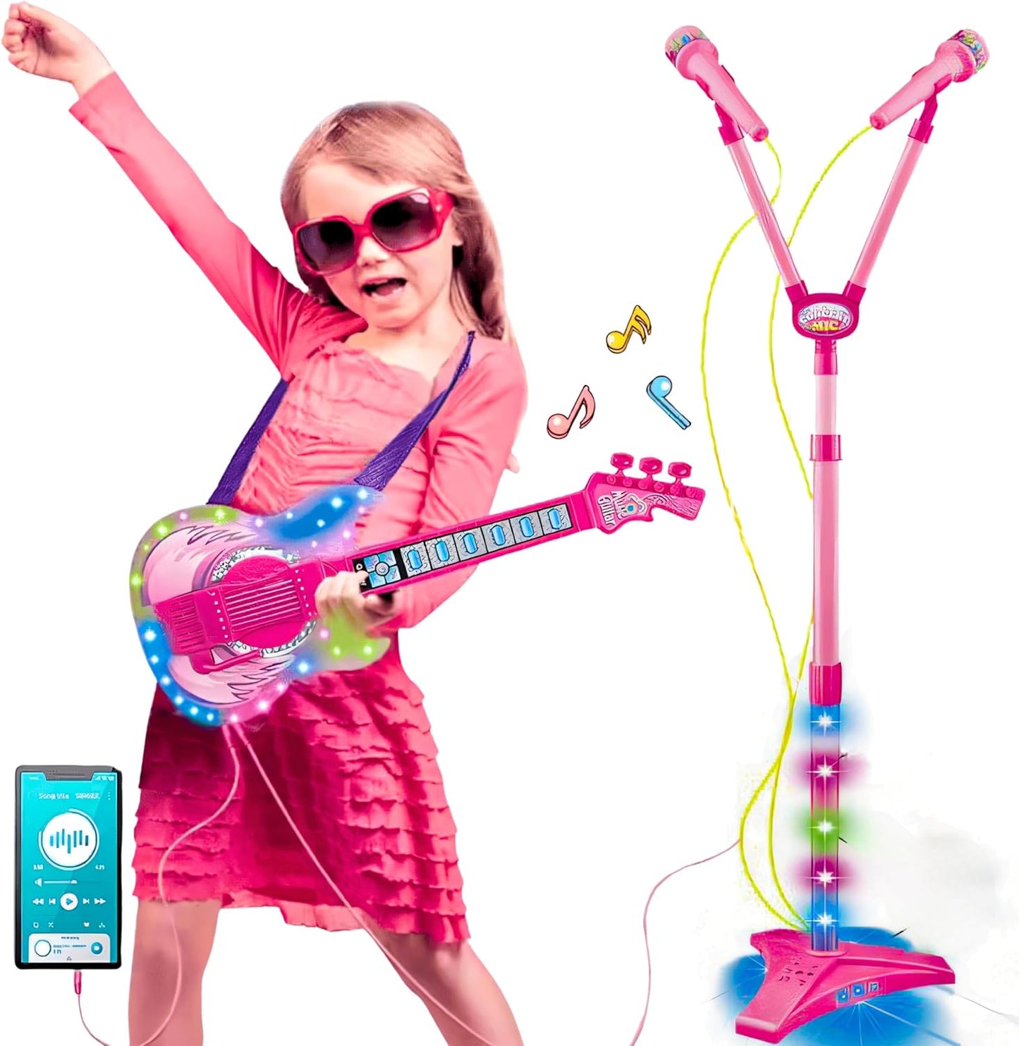 Kids Musical Dual Microphone & Guitar with Stand Music Player Singing Toy - Pink