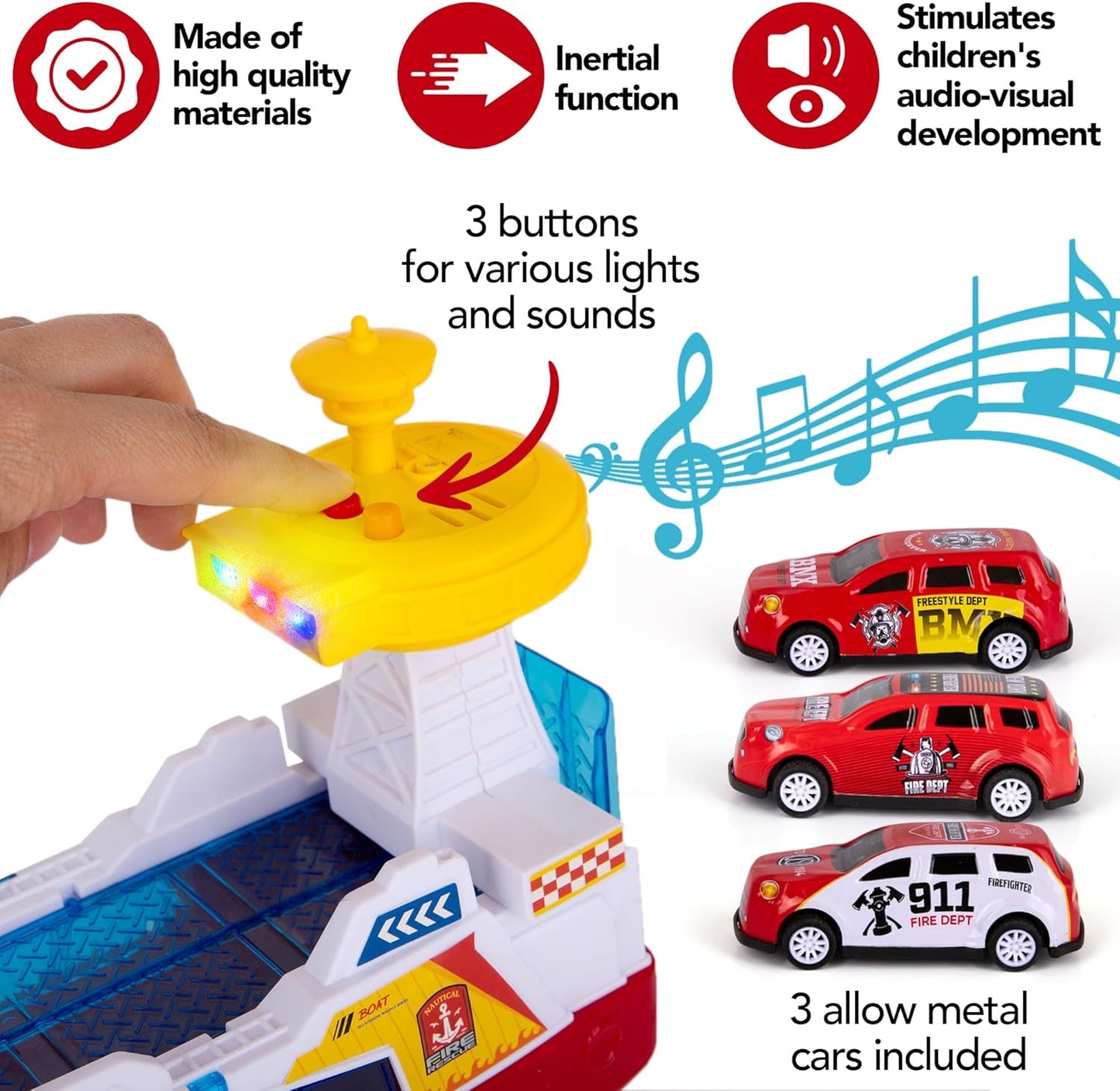 Coast Guard Fire Rescue Boat With Lights & Sound Light Up Boat Toy with 3 Toy Cars