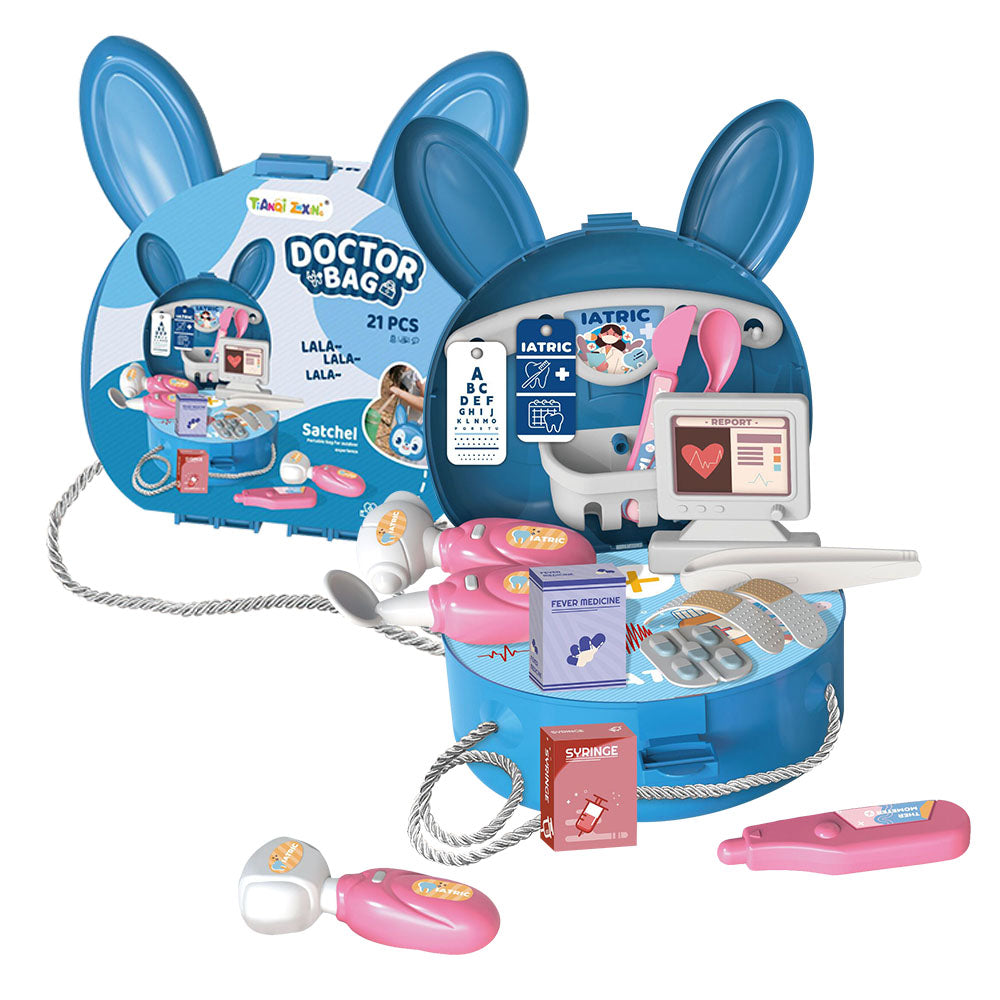 Bunny Rabbit Carry Case Travel Doctor Bag Doctors 21 Piece Play Set with Shoulder Strap - Blue - Easter Toys & Gift