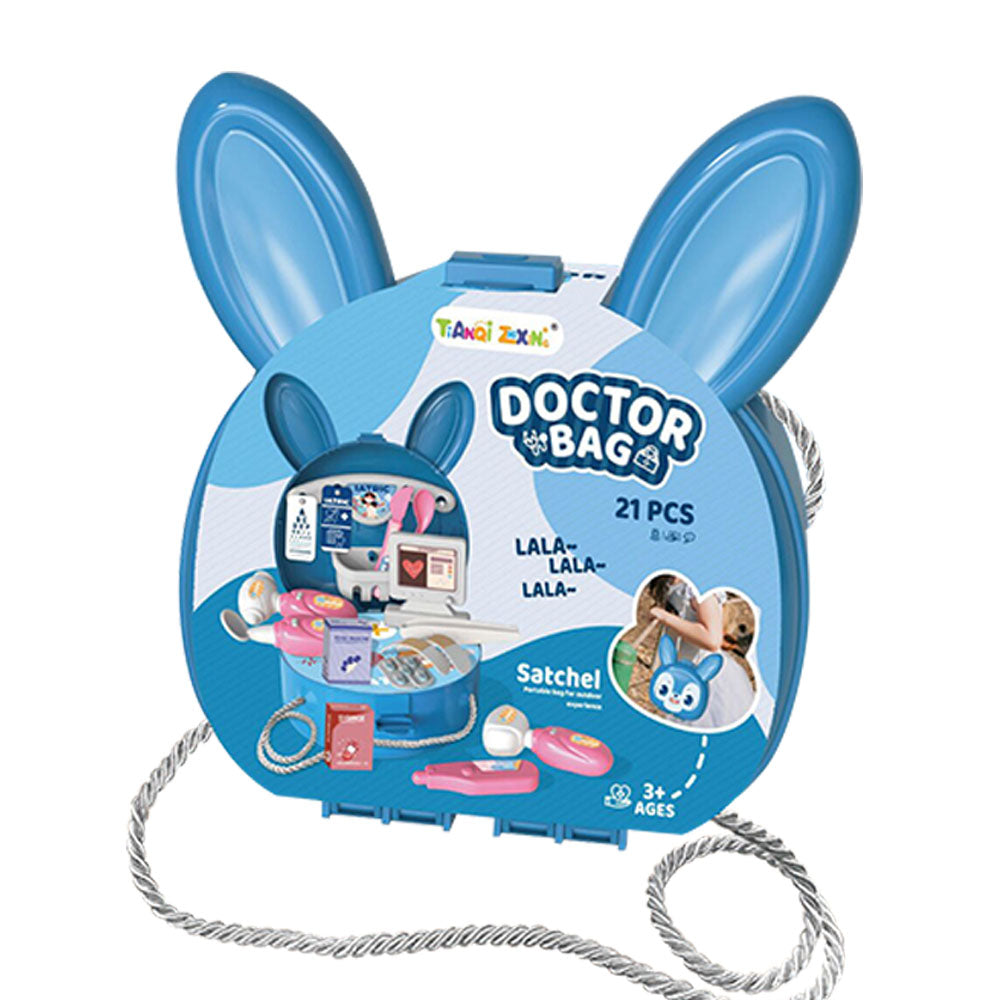 Bunny Rabbit Carry Case Travel Doctor Bag Doctors 21 Piece Play Set with Shoulder Strap - Blue - Easter Toys & Gift