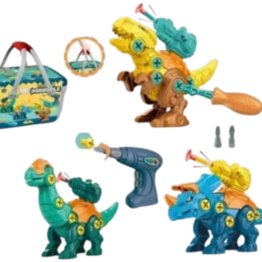 Dinosaur Assemble In A Bucket With Electric Drill &Amp; Screwdriver