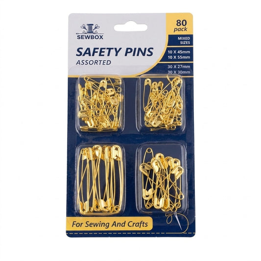 Safety Pins 80 – Pack Mi x ed Sizes (10×, 10×, 30×, 30×)