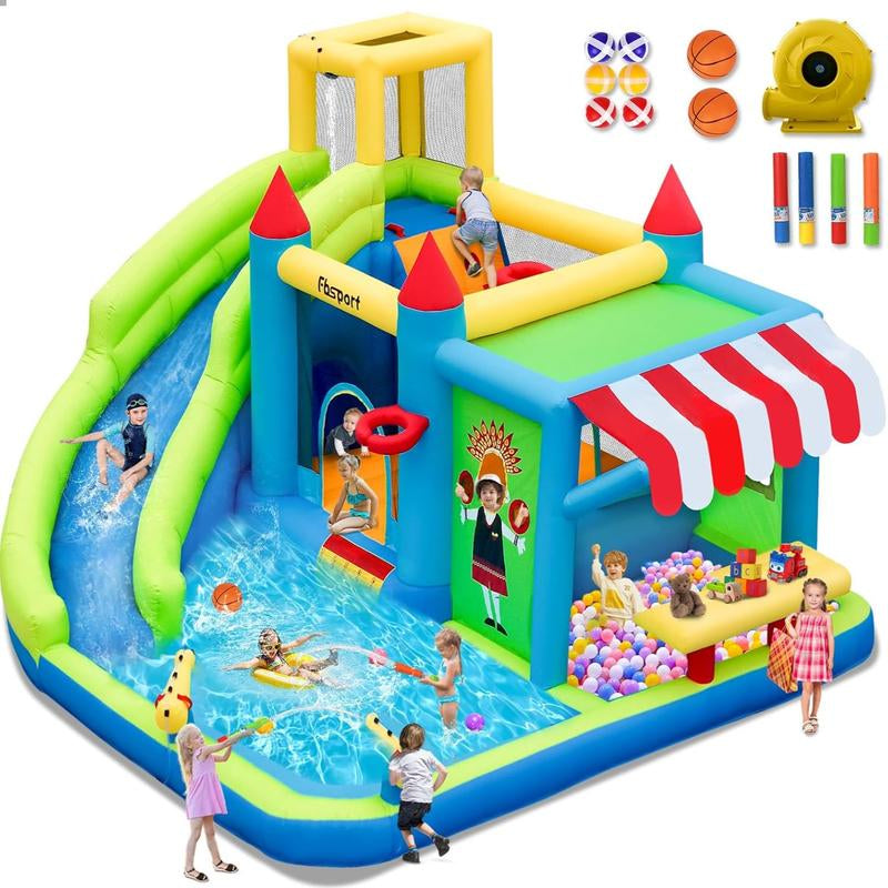 FBSPORT Inflatable Bounce House Water Slide for Kids with Toy Market Splash Pool Bouncer Castle Climbing Wall Ball Dart W/620W Blower Outdoor Indoor