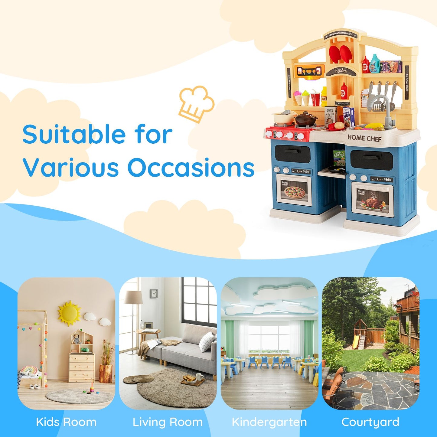 Kids Kitchen Pretend Play Playset Toy with Boiling and Vapour Mist Effects - 69 Pieces