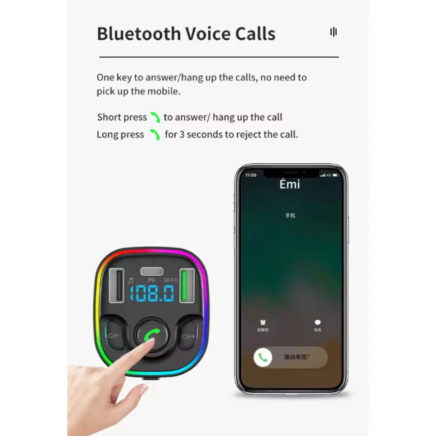 Bluetooth Hands-free Call Car MP3 Player Type-C + Dual USB Ports Phone Charger FM Transmitter with LED Light