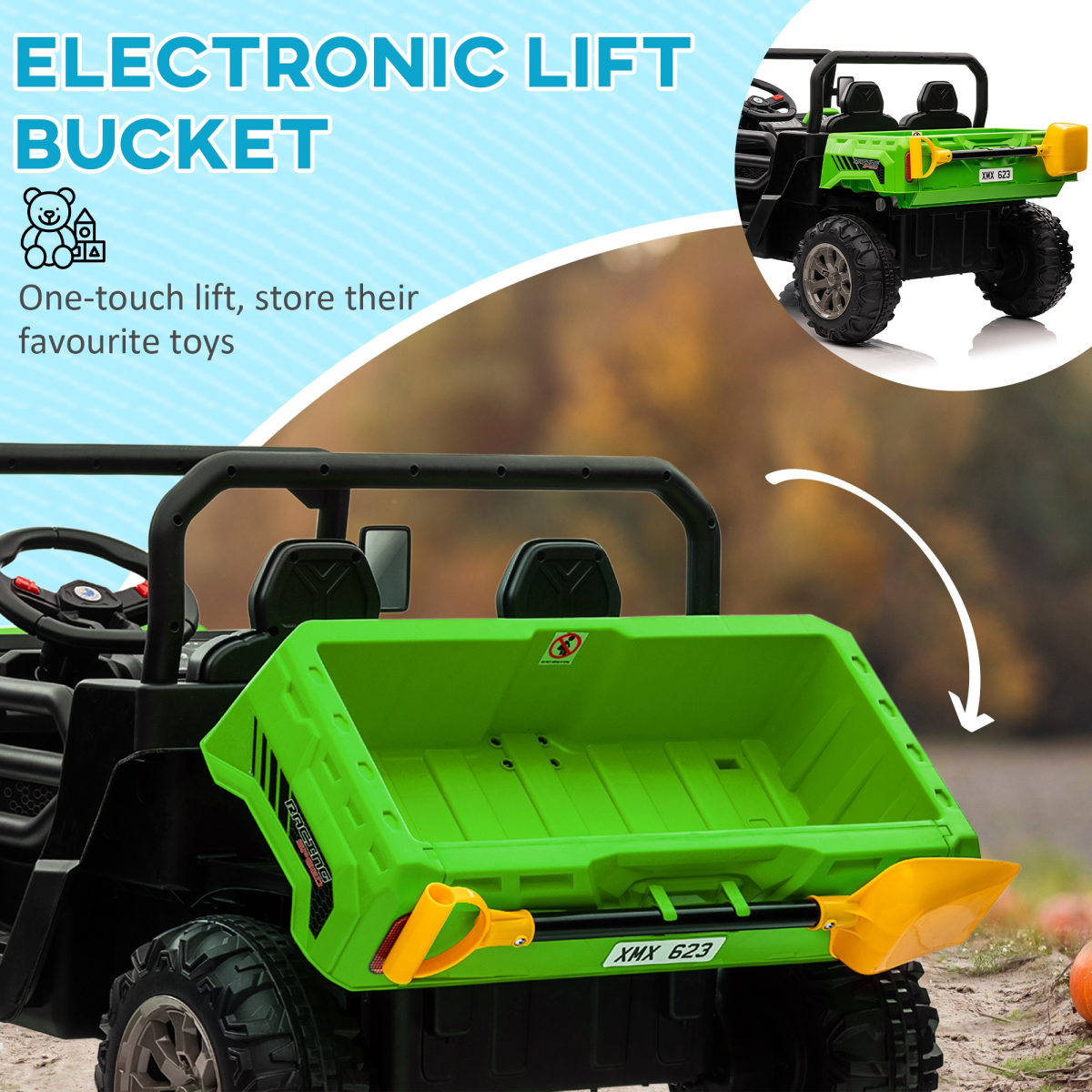 Two-Seater Kids Electric Ride-On Car w/ Electric Bucket - Green
