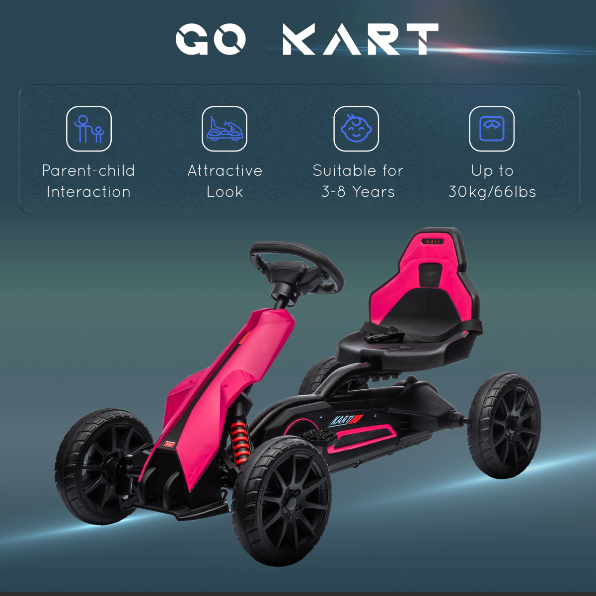 Kids Pedal Go Kart with Adjustable Seat, Handbrake - Pink