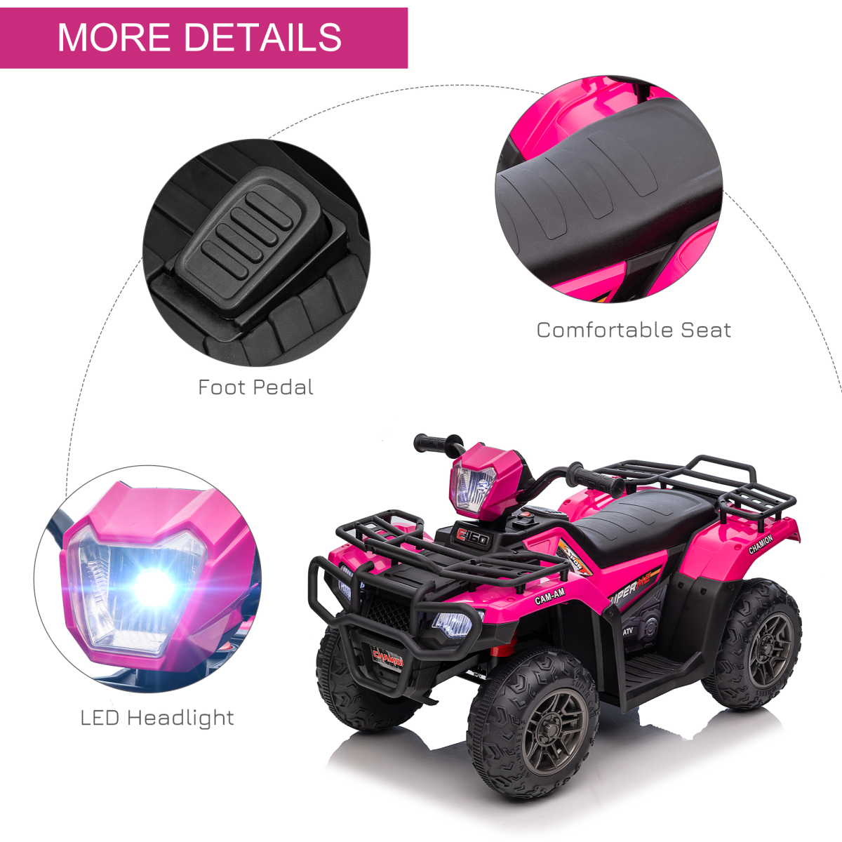 12V Electric Quad Bike for Kids w/ LED Headlights, Music - Pink