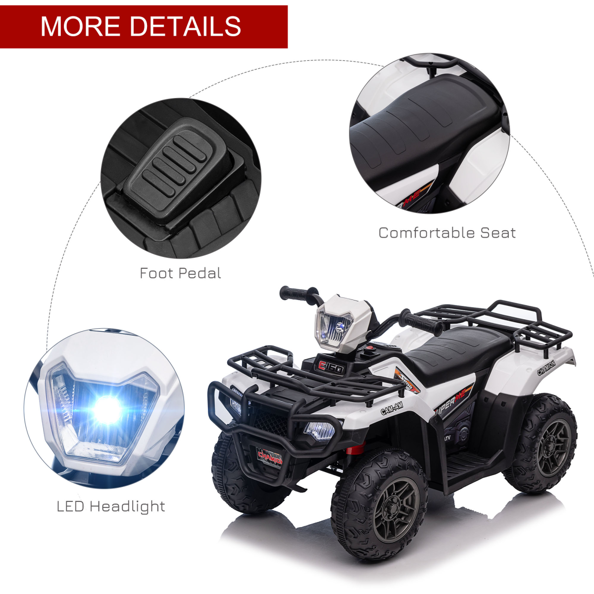 12V Electric Quad Bike for Kids w/ LED Headlights, Music - White