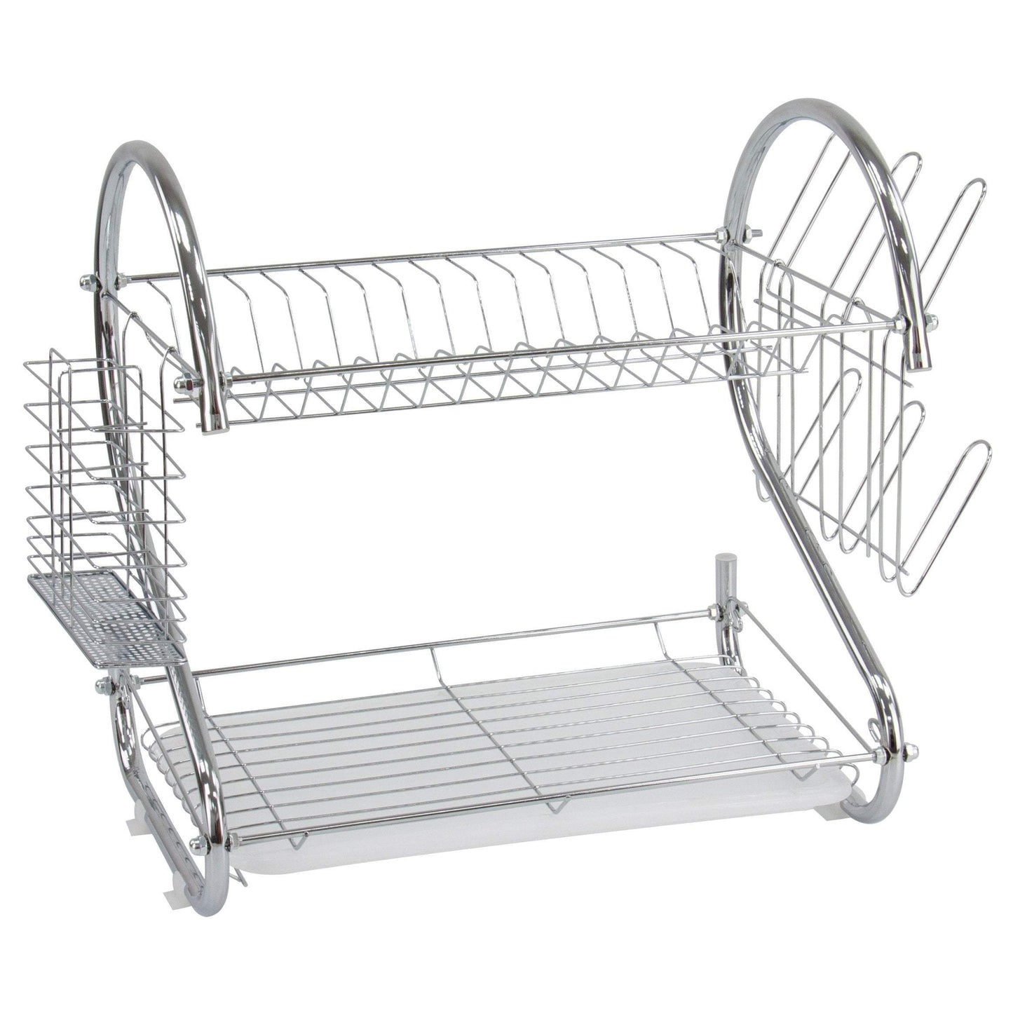 2 Tier Dish Drainer Rack With Cutlery Rack Holds Plates Mugs Cups Anti Slip Chrome Finish 9168