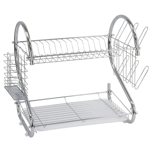 2 Tier Dish Drainer Rack With Cutlery Rack Holds Plates Mugs Cups Anti Slip Chrome Finish 9168