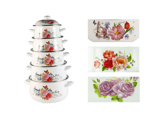 Enamel Cooking Pot Set of 5 Floral Design Assorted Designs 773D / 9200