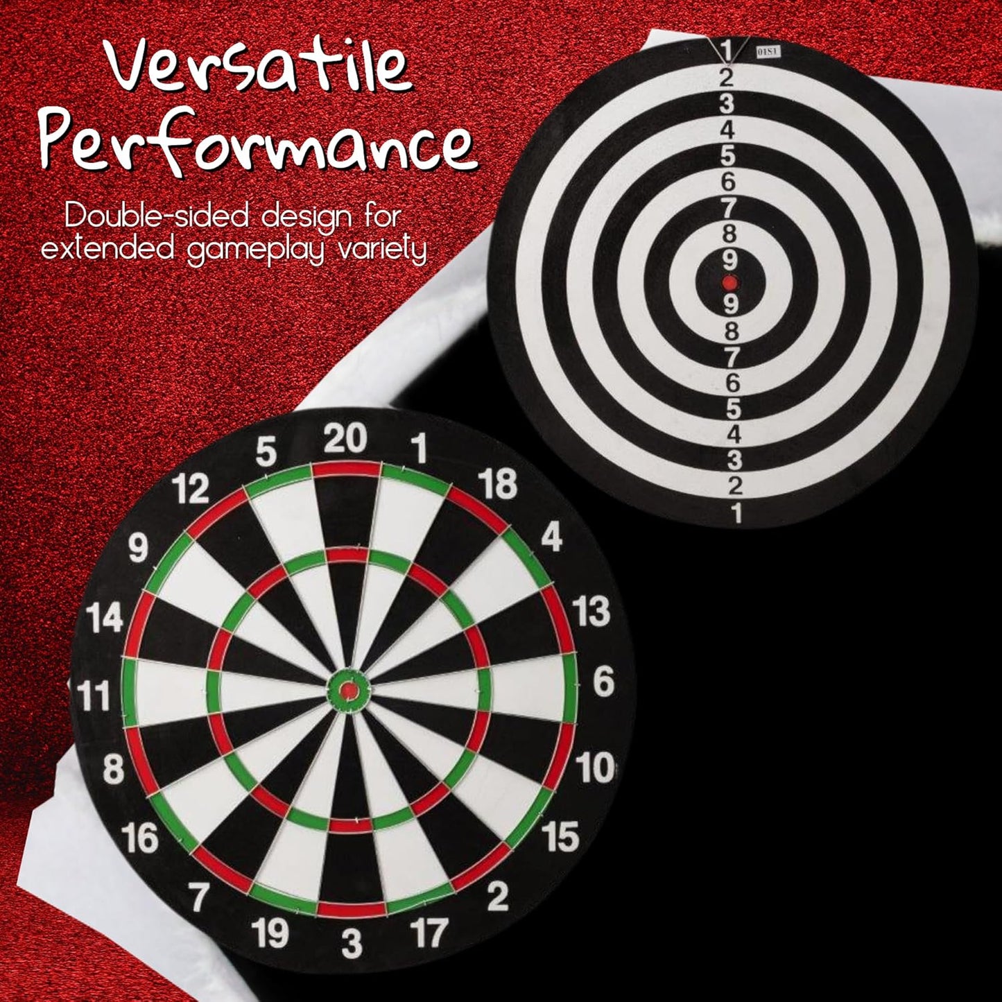 Full Size 17" Double Sided Dart Board with 6 Darts Complete Set plus Reverse Side Archery Style Target