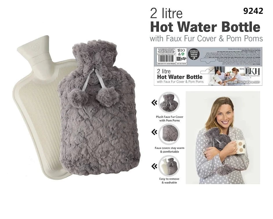 DGI Hot Water Bottle With Faux Fur Cover & Pom Poms 2 Litre 9242 A