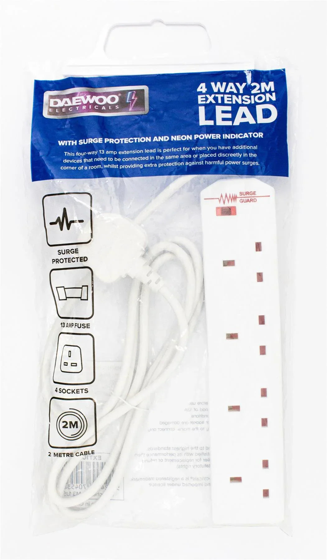 4 Gang Switched Extension Lead + Surge 2 Metre Pif2029 /