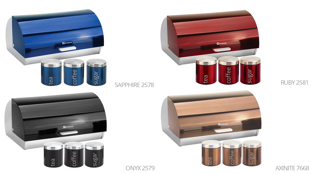 SQ Professional Gems Metal Bread Bin with 3 Canisters Assorted Colours 9895