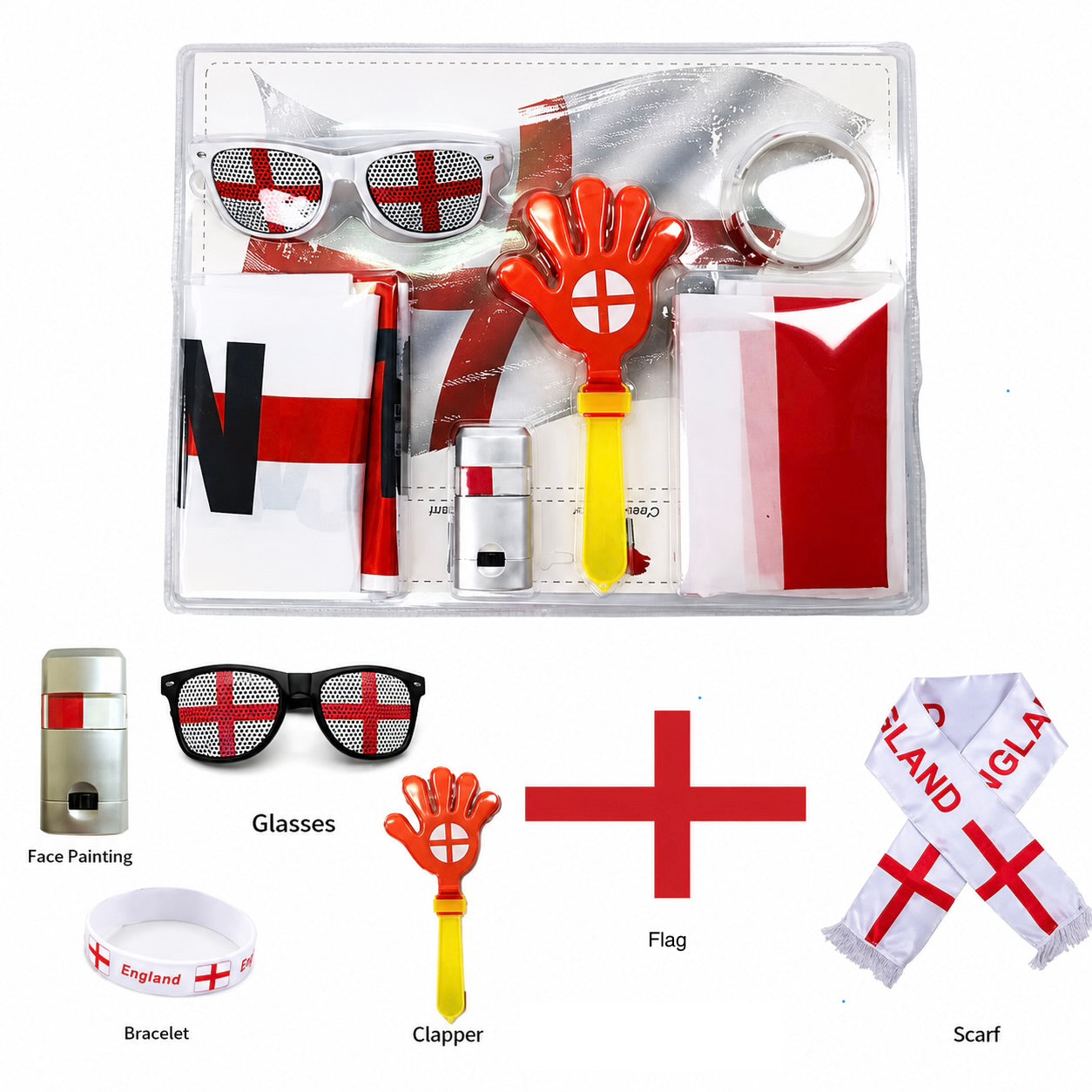 England World Cup Fan Pack includes Flag, Glasses, Scarf, Face Paint, Clapper