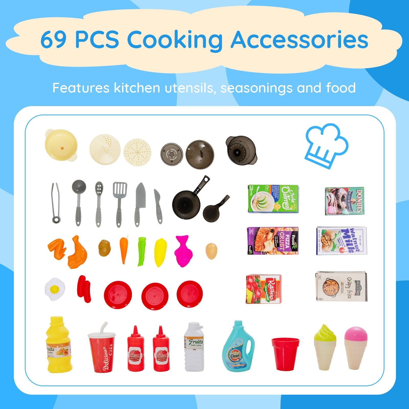 Kids Kitchen Pretend Play Playset Toy with Boiling and Vapour Mist Effects - 69 Pieces