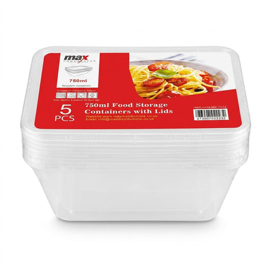 750Ml Microwave Food Storage Containers, Pack Of 5, Polypropylene, 125G