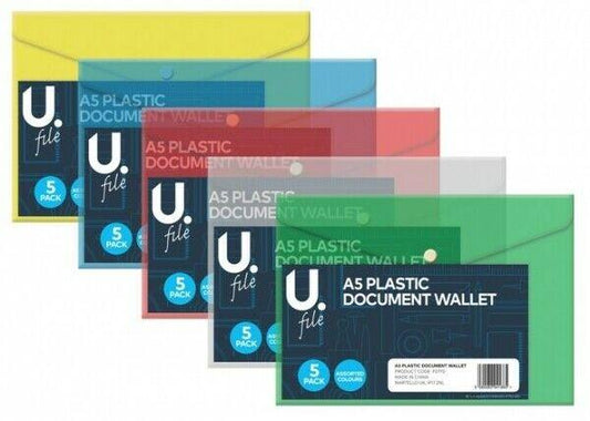 A5 Plastic Document File Wallet Pack of 5 Assorted Colours P2770