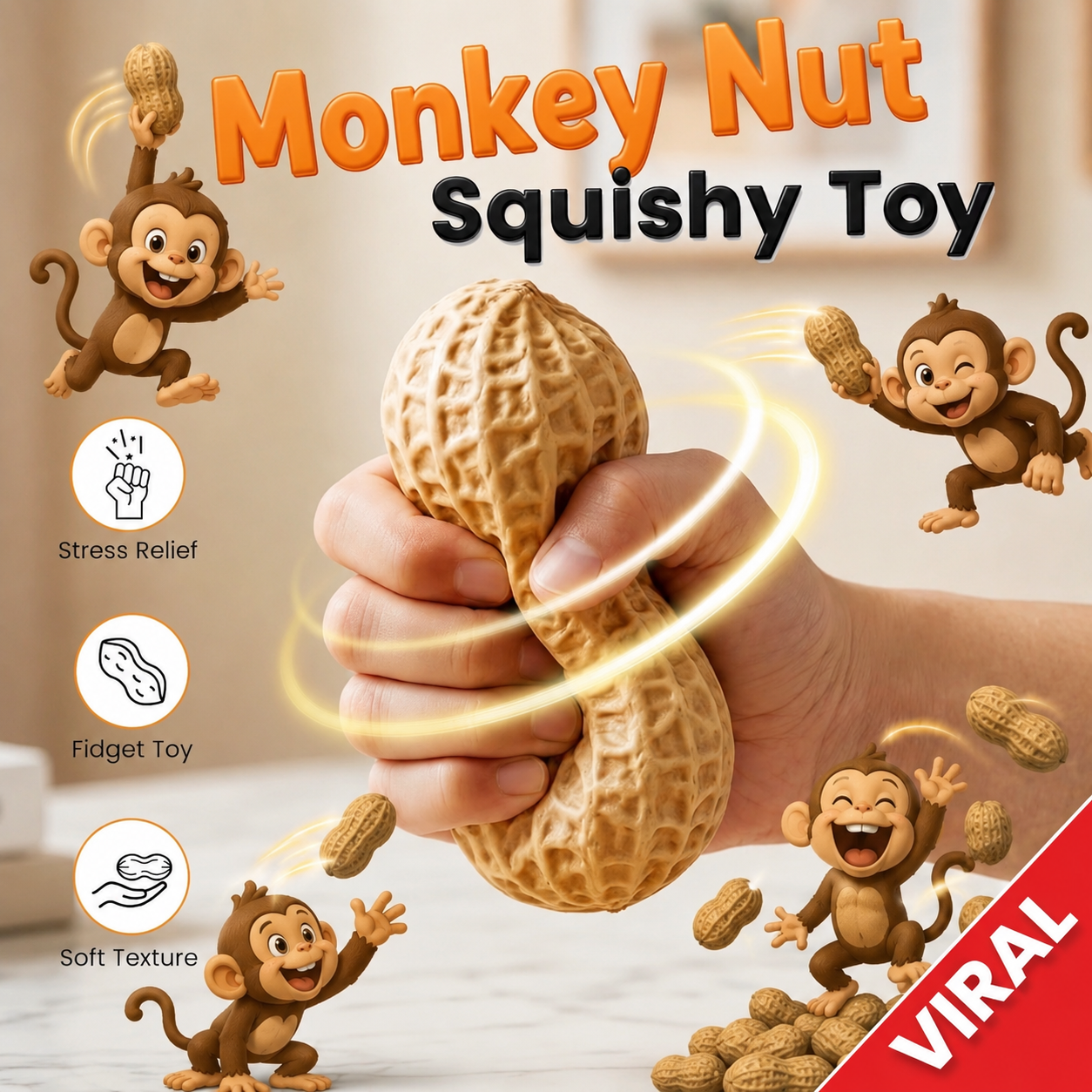 Squishy Monkey Nut Peanut Squish Fidget Sensory Toy Viral Trending