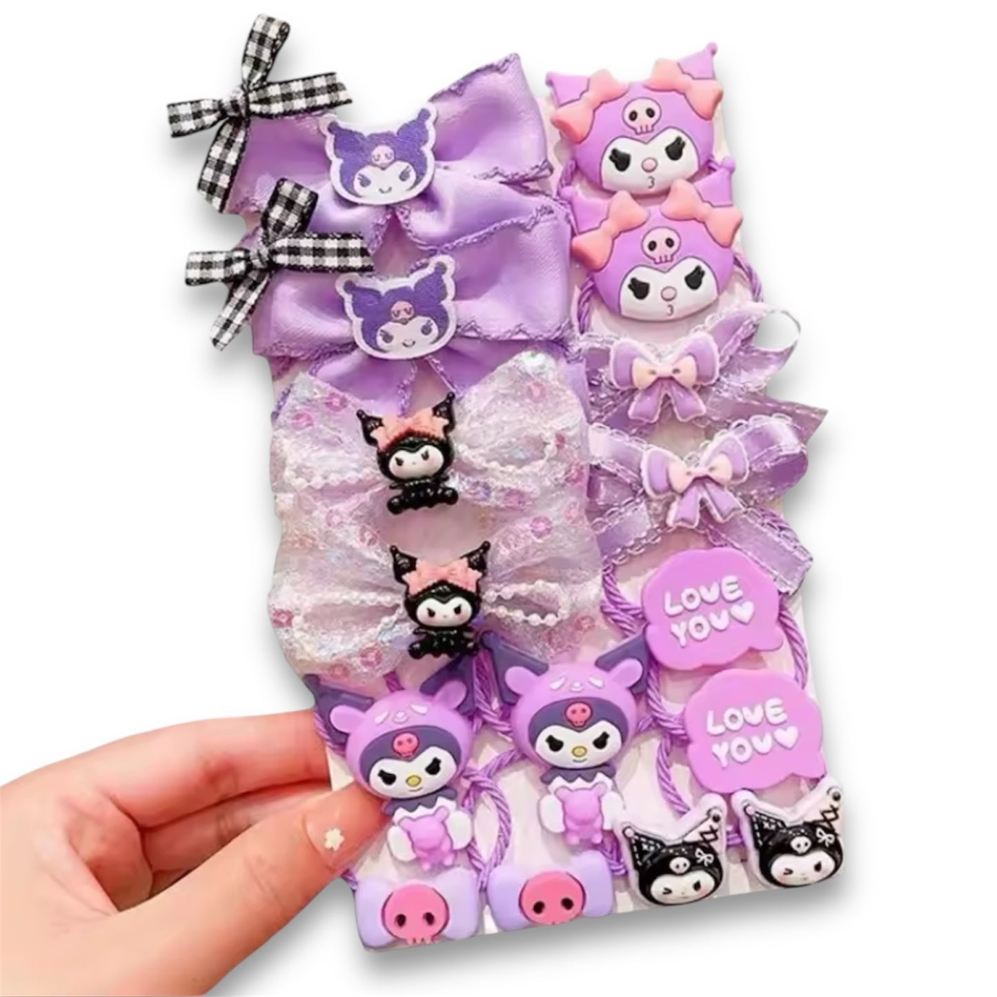 Kuromi Hair Bobbles, Clips, Ties & Accessories Set Pack of 18 - Sanrio Hello Kitty Cinnamoroll My Melody Style