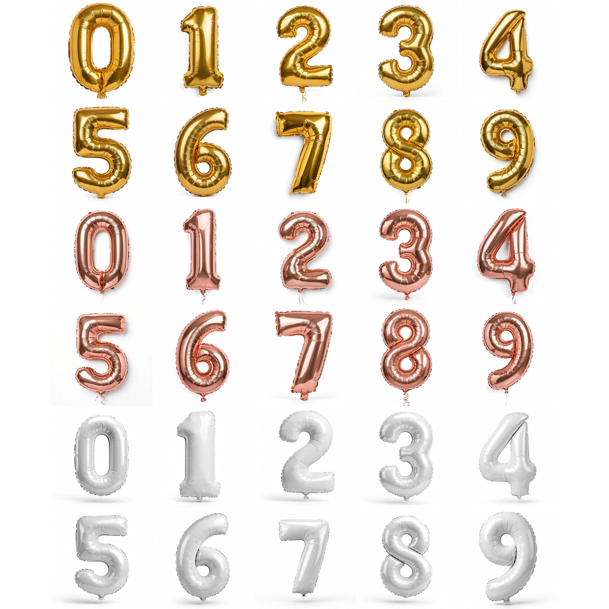 Foil Birthday Foil Balloons Numbers (0-9) 3 Colours - Gold, White, Rose Gold