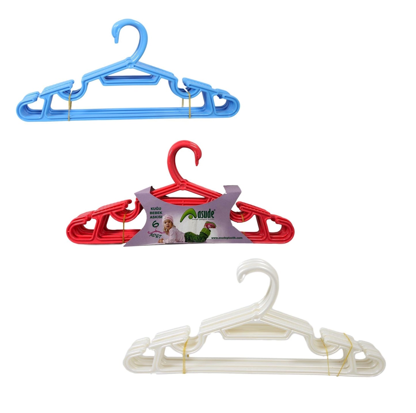 6 Pack Childrens Hangers Fancy Plastic Blue White Red Hangers 30cm ASD133
