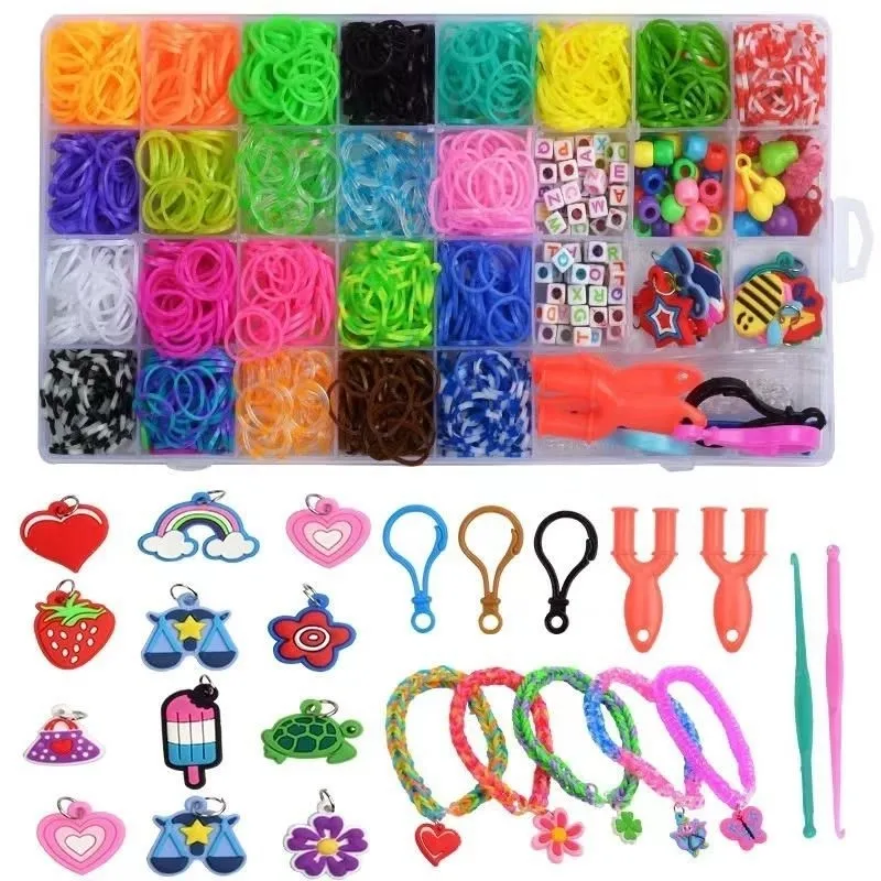 Loom Bands Complete Set, 1500+ Pieces, 32 Grids of Colourful Rubber Bands with Beads, Hooks, Charms & Storage Box
