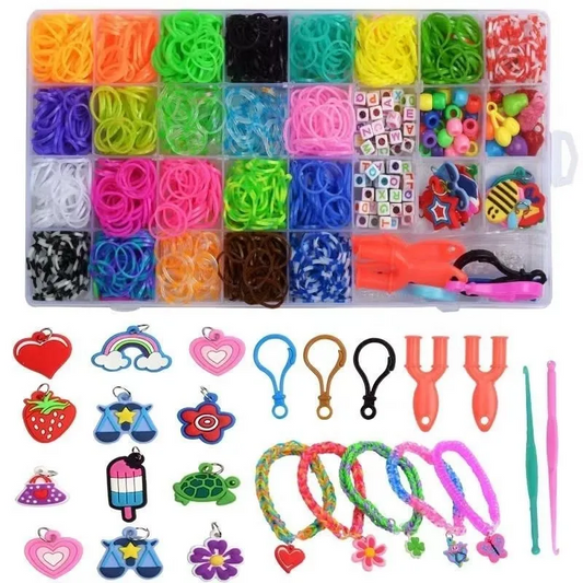Loom Bands Complete Set, 1500+ Pieces, 32 Grids of Colourful Rubber Bands with Beads, Hooks, Charms & Storage Box