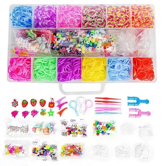 Loom Bands Complete Set, 18 Grids of Colourful Rubber Bands with Beads, Hooks, Charms & Storage Box