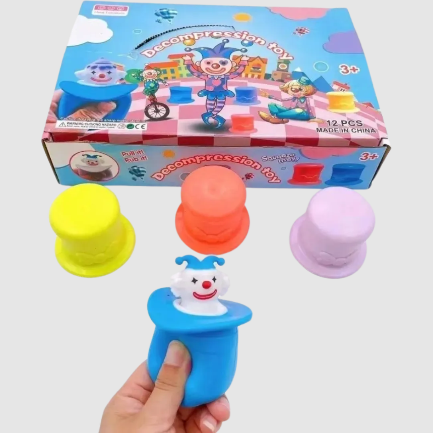 SQUISHY TOYS CLOWN IN A HAT box of 12