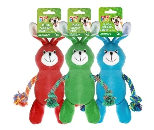 12 PACK SQUEAKY PLUSH RABBIT WITH ROPE ARMS