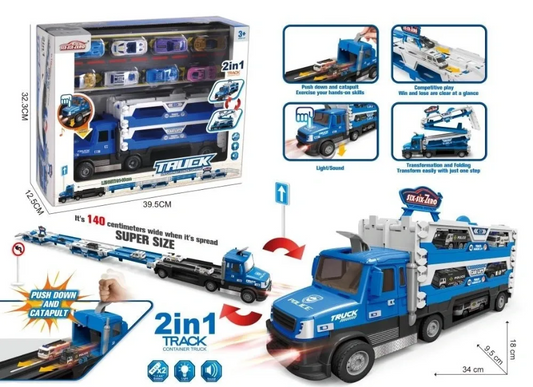 2 in 1 Police Container Truck With Police Vehicles, 140cm Spread Size