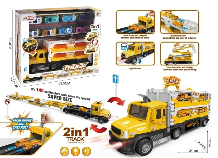 2 in 1 Engineering Container Truck With Construction Vehicles, 140cm Spread Size