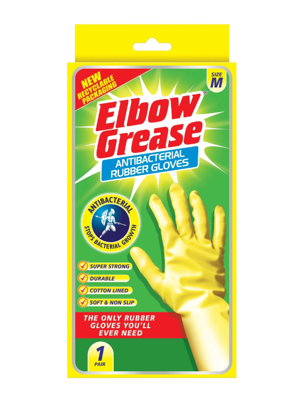 x12 ELBOW GREASE ANTI BAC RUBBER GLOVES MEDIUM 1PK