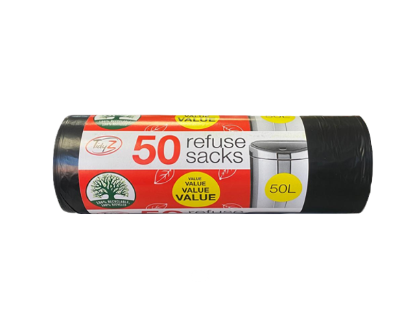 Refuse Sacks Bin Bags 50 Litre - Roll Of 50