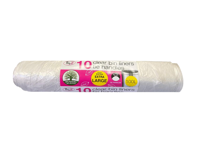 Extra Large Clear Pedal Bin Liners with Tie Handles 100L 110 x 160 cm Roll of 10 B0558