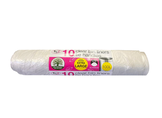 Extra Large Clear Pedal Bin Liners with Tie Handles 100L 110 x 160 cm Roll of 10 B0558