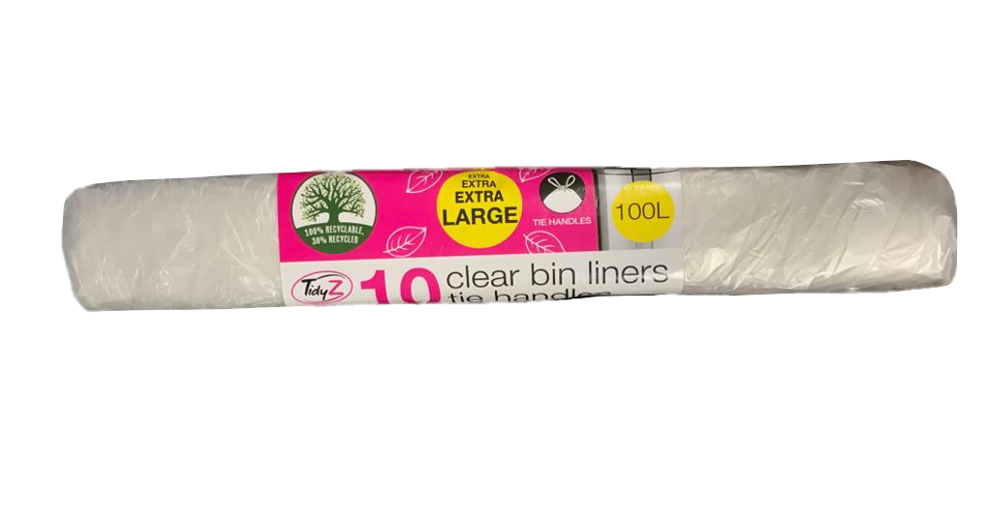 Extra Large Clear Pedal Bin Liners with Tie Handles 100L 110 x 160 cm Roll of 10 B0558