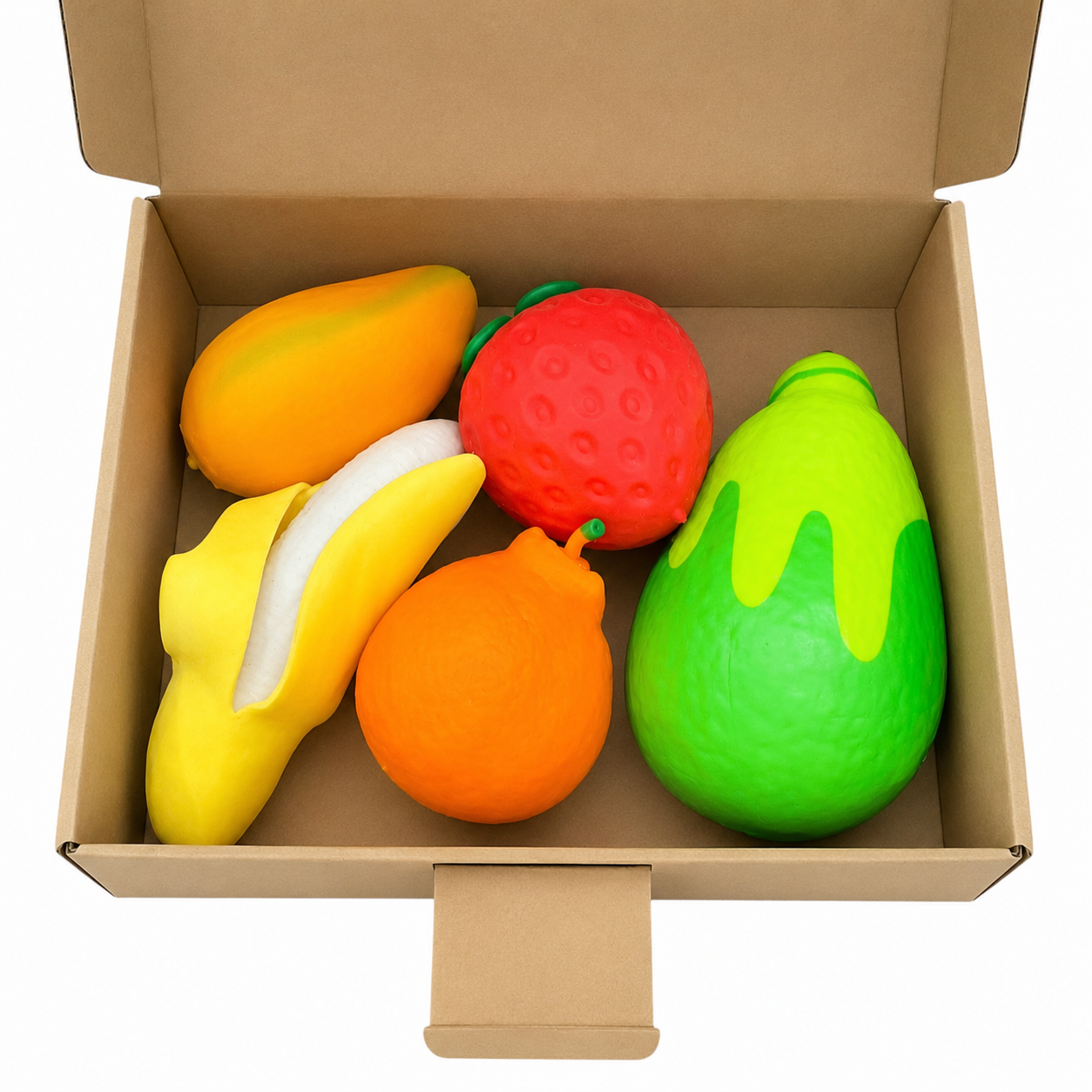 Squishy Fruit Box Bundle - 5 Assorted Squish Fruit Toys , Sensory, Fidget, Viral Trending